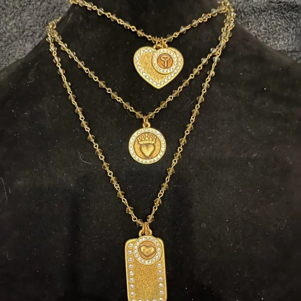 Gold-Tone Triple Layer Necklace with Heart & Disc Charms